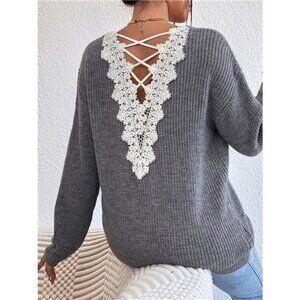 Lace-Trimmed Back V-Neck Sweater